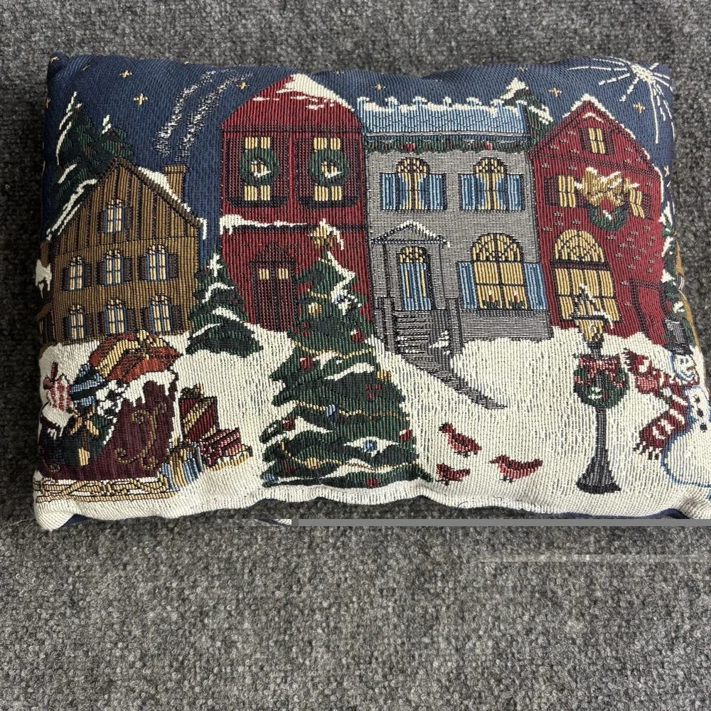 Vintage Snowy Village Tapestry Pillow Folk Art Christmas 11x14